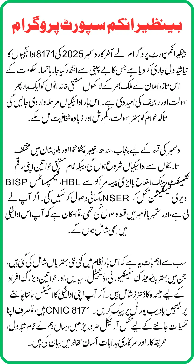 Benazir Income Support Programme: December 2025 Payments Schedule Released (Latest 8171 Update)