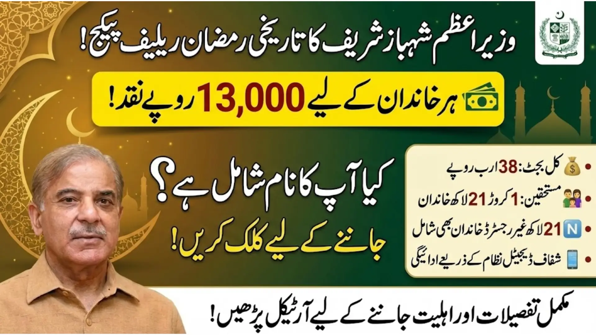 PM Shehbaz Sharif Ramadan Relief Package Launches Rs. 38 Billion Rs. 13,000 for Every Eligible Family Check Now